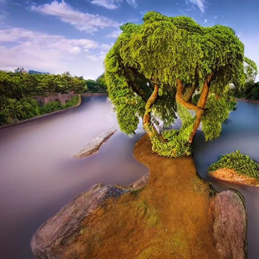 Image similar to magical trees and a river by anderson debernardi and pablo amaringo