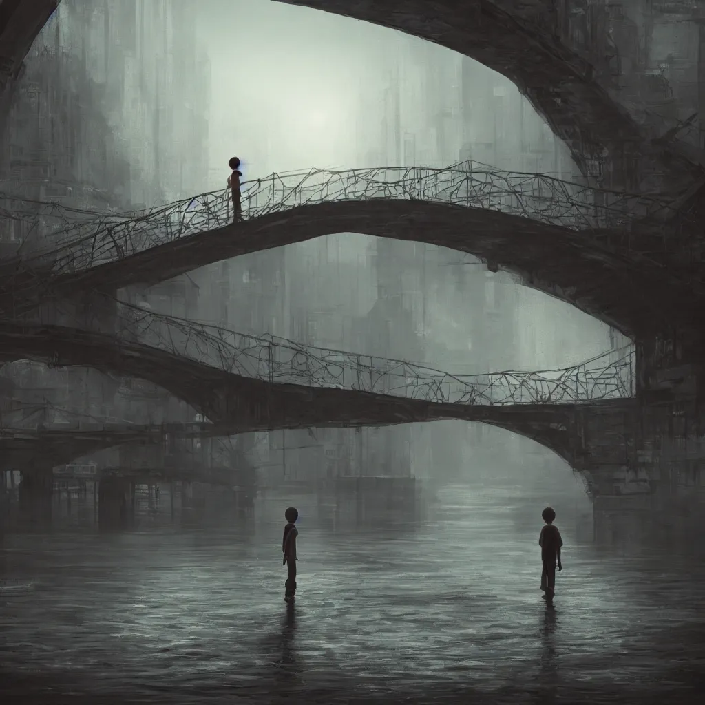 Prompt: a lonely boy in a city bridge looking to the river at night, digital painting, masterpiece, digital art, hyperrealistic, concept art, octane render, unreal engine 5, trending on deviantart, sad atmosphere, centered, anatomically correct, oil painting, high contrast, serene scenery, loneliness