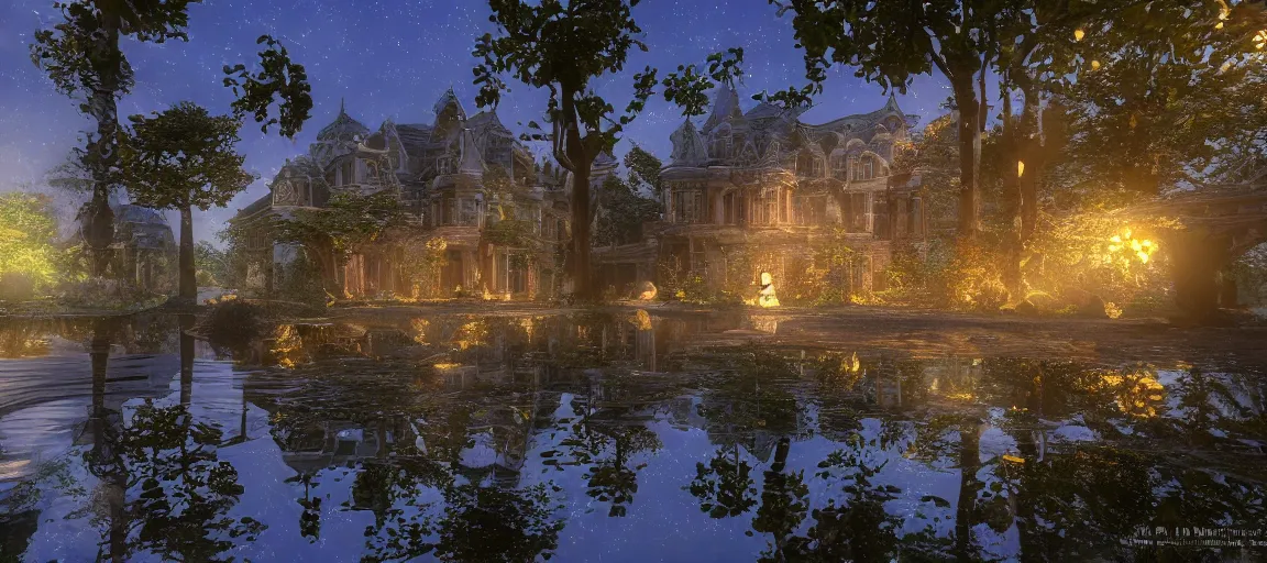 Image similar to an abandoned mansion on a humongous luminescent crystal biome by pixar, smooth, cinematic, wet reflections, ray tracing x, rtx, smooth