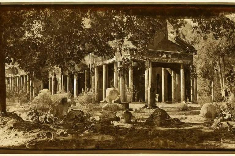 Prompt: daguerreotype depicting a temple of chaos mosque of perfection pantheon of frenzy house of iorr temple of aus the mirror garden the origin realm the true tree