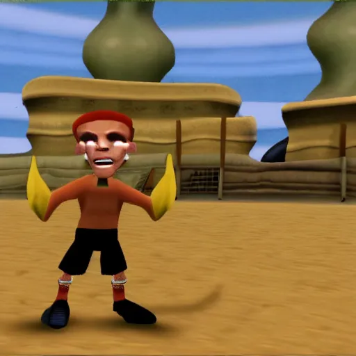 Image similar to character screenshot of ufc fighter sean o'malley in psychonauts, ps 2 graphics, dream world, sd video, cutscene