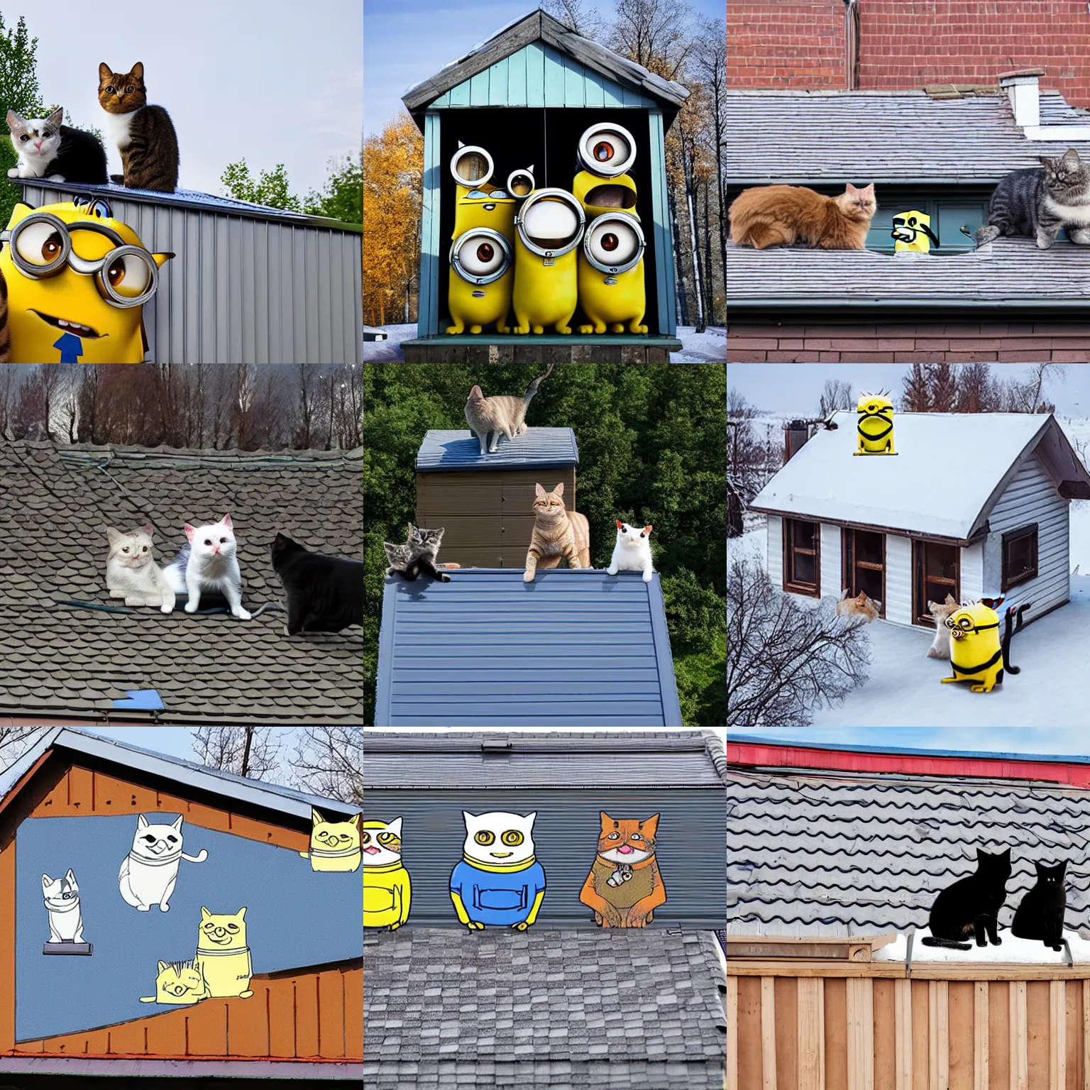 Prompt: cat and dog and minion on the roof on panel house in russia