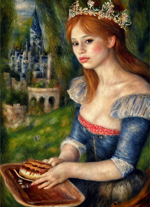 Image similar to closeup medieval renoir face portrait of a fairytale princess wearing a crown eating cakes in the castle, bikini, depth of field, zeiss lens, detailed and intricate environment, fashion photoshoot by nicoletta ceccoli, mark ryden, lostfish, breathtaking, 8 k resolution, extremely detailed, beautiful, establishing shot, artistic, hyperrealistic, octane render