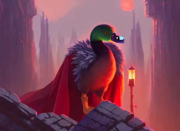 Image similar to cute fluffy mallard duck with vampire fangs wearing red cultist robe, details, cyberpunk, epic, sacrificial altar, landscape illustration concept art anime key visual trending pixiv fanbox by wlop and greg rutkowski and makoto shinkai and studio ghibli and kyoto animation symmetrical facial features