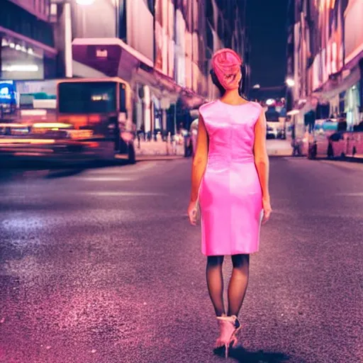 Prompt: a beautiful woman in a pink dress standing on a bustling cyberpunk city street at night