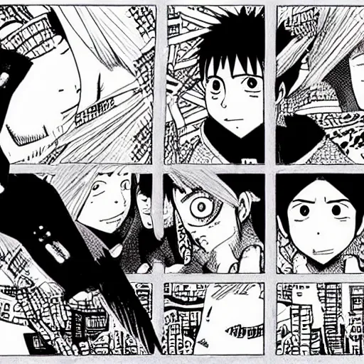 Prompt: “Friday” graphic novel illustrated by Kishimoto published on Shonen Jump 1996 black and white pen and ink highly detailed