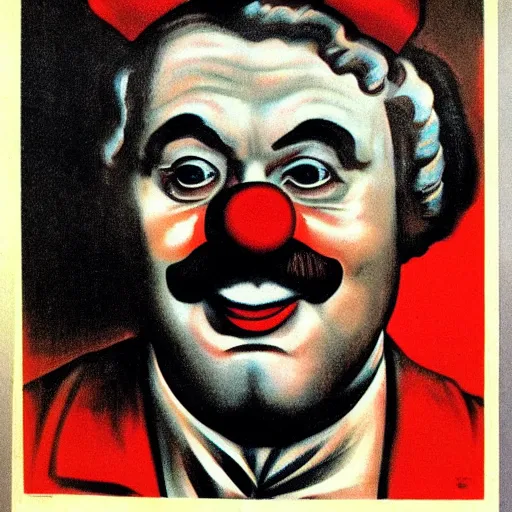 Image similar to communist clown portrait, soviet propaganda poster