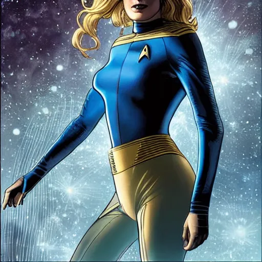 Prompt: rebecca romijn as number one, star trek strange new worlds, intricate, elegant, highly detailed, smooth, sharp focus, full body, visible face, detailed face, high contrast, dramatic lighting, graphic novel, art by Ardian Syaf and Pepe Larraz,