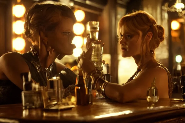 Prompt: cinematography of a beautiful cyborg woman in a vintage western bar alone asking for a drink by Neil Blomkamp