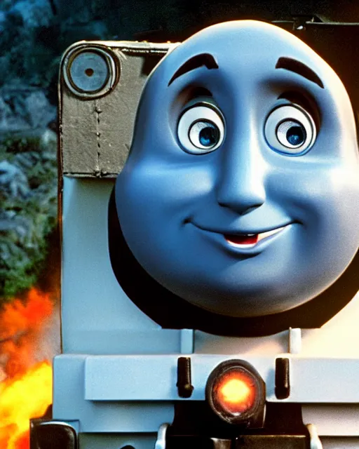 Image similar to Film still close-up shot of Dwayne Johnson as the Thomas the Tank Engine from the movie Thomas and the Magic Railroad. Photographic, photography