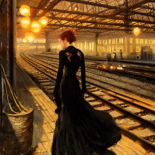 Prompt: woman in a black lace dress and thigh highs standing at a european train station, expressive oil painting, detailed digital art, by yoshitaka amano, by greg rutkowski, by dan mumford, highly detailed lineart, evening, volumetrics