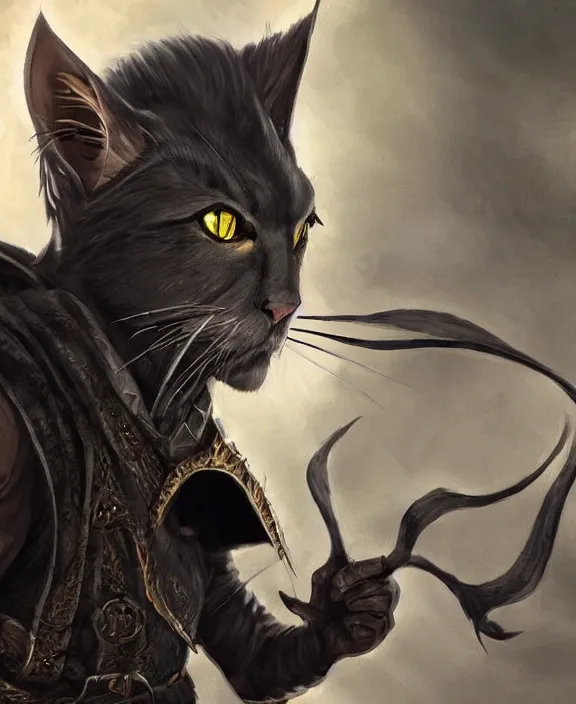 Image similar to humanoid male khajiit rogue with a scar on left eye, wearing leather armor with a hood, mainecoon cat features with jet black fur, far - mid shot, magic the gathering, fantasy