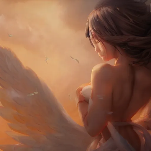 Image similar to an oil painting of a beautiful anime girl with angel wings, by artgerm, wlop and greg rutkowski, hd, hdr, ue 5, ue 6, unreal engine 5, cinematic 4 k wallpaper, 8 k, ultra detailed, high resolution, artstation, award winning