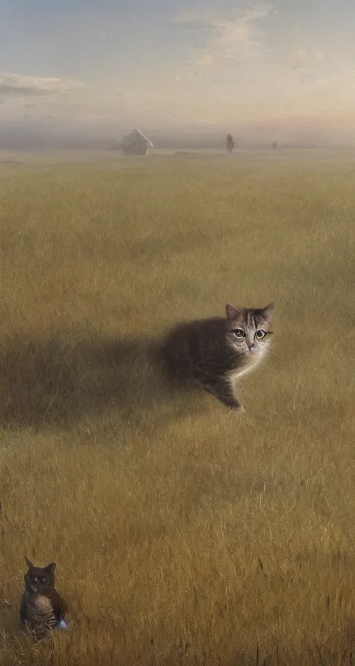 Prompt: a cat in the steppe, summer field, misty background, from the game pathologic 2, highly detailed, sharp focus, matte painting, by isaac levitan and asher brown durand,