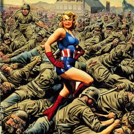 Image similar to female captain america standing on a pile of defeated german soldiers. wwii american propaganda poster by james gurney