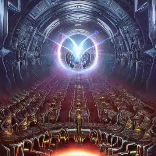 Image similar to a highly advanced quantum computer!!! a dark cabal of multiple hooded elven mystics in long robes gathered in a circular formation around a quantum computer, advanced technology, dan seagrave, michael whelan art, beautifully detailed epic scifi art, symmetrical, cgsociety, artstation