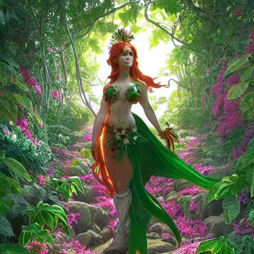 Prompt: a stunning vector portrait of a thicc and voluptuous poison ivy dressed as palutena walking through a flowering garden, greenhouse in the background, intricate, elegant, highly detailed, artstation, concept art, ultra sharp focus, octane render, volumetric lighting, god rays, art by jugendstil and greg rutkowski and alphonse mucha