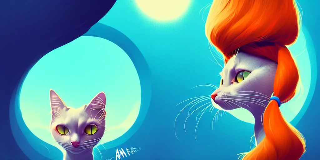 Image similar to curved perspective, extreme narrow, extreme fisheye, digital art of a female cat with ginger hairstyle with blue flower in her hair by anton fadeev from nightmare before christmas