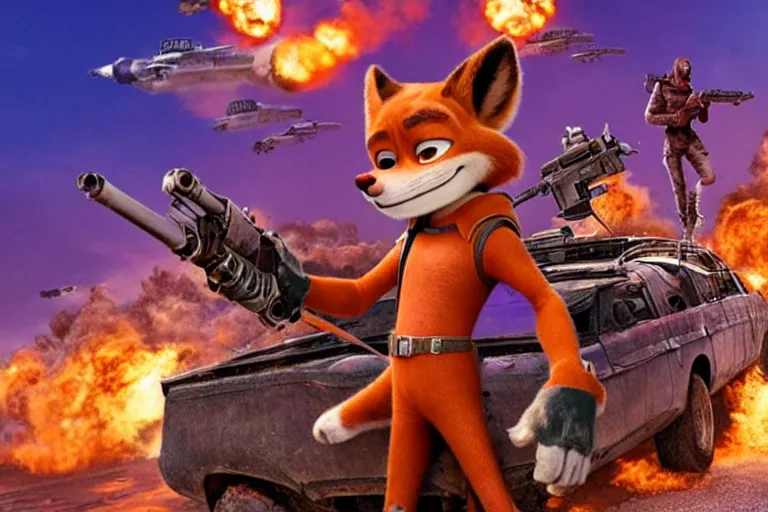 Image similar to nick wilde, heavily armed and armored facing down armageddon in a dark and gritty reboot from the makers of mad max : fury road : witness me