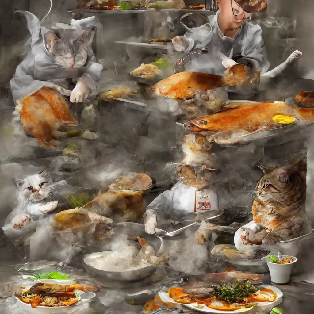 Image similar to “a cat chef named Alton Gray cooking a fish, high-definition, digital art, 8k”