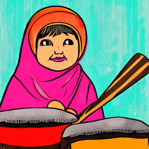 Prompt: a babushka playing drums on a stage, the drums look like giant muffins, digital art