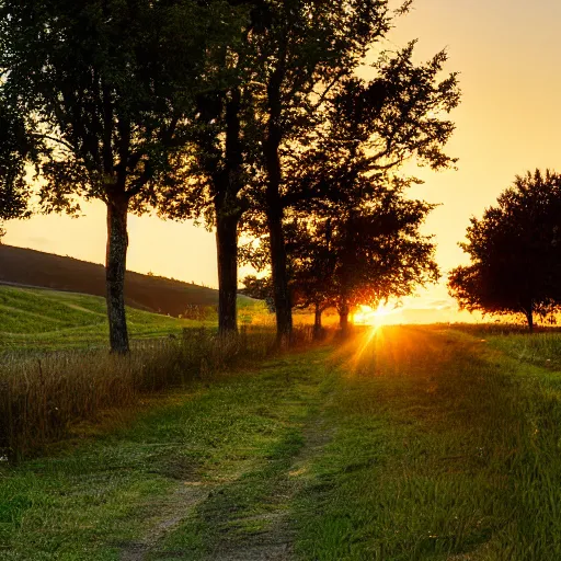 Prompt: summer, gravel country road, small hill, golden hour, trees on both sides, wooden posts, fields