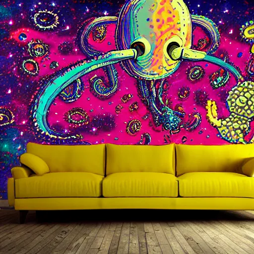 Image similar to couch sofa chesterfield flying through space psychedelic trippy eldritch horror cartoon