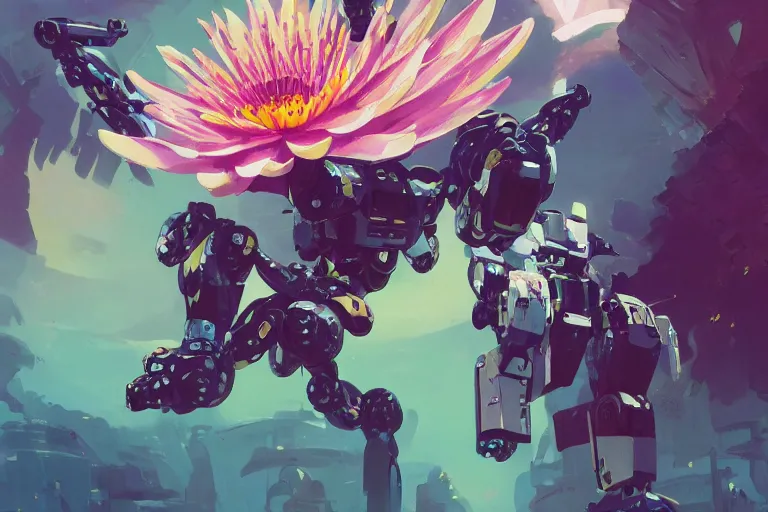 Image similar to waterlily headed combat mecha whose top half is a flower with petals being robotic limbs, bandai box art, behance hd artstation by syd mead, rhads, makoto shinkai, lois van baarle, ilya kuvshinov, beeple, laurie greasley, victo ngai, andreas rocha, gundam box art