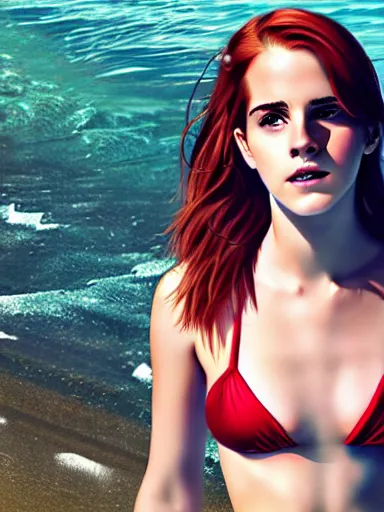 Image similar to highly detailed Red-haired beauty Emma Watson in a bikini , mid-shot ,pixiv , digital Art