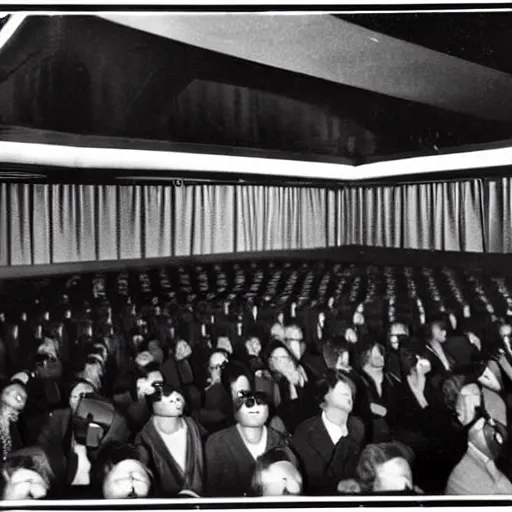 Prompt: 1 9 5 0's movie theatre, full audience all wearing vr headsets. image taken at front of theatre looking towards the crowd. dark only light coming from the screen. audience illuminated