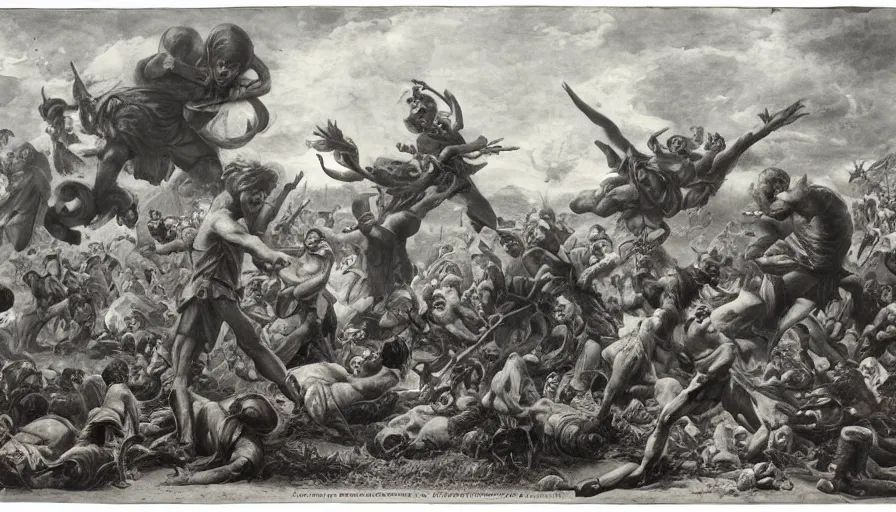 Image similar to giant man - babies battling, photograph, historic, detailed