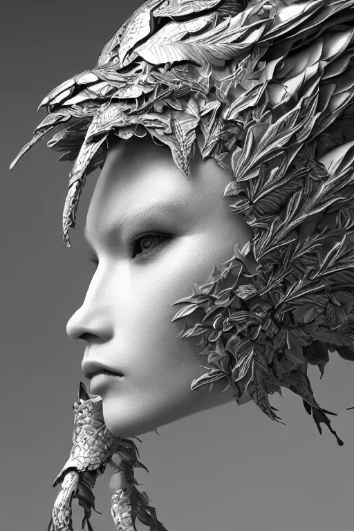 Image similar to bw close - up profile face, black background, beautiful young porcelain vegetal - dragon - cyborg - female, 1 5 0 mm, beautiful natural soft rim light, silver gold details, magnolia leaves and stems, roots, mandelbot fractal, elegant, hyper real, ultra detailed, white metallic armour, octane render, 1 6 k