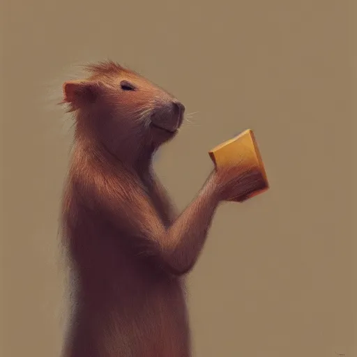 Image similar to detailed photorealistic painting of a cute capybara holding a chess pawn, sharp focus in the style of ruan jia, Mandy jurgens, cinematic light, concept art, trending on artstation, ultra realistic