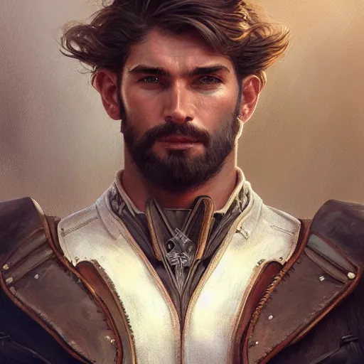 Prompt: portrait of a young, ruggedly handsome ranger, soft hair, muscular, half body, leather, fantasy, intricate, elegant, highly detailed, digital painting, artstation, concept art, smooth, sharp focus, illustration, art by artgerm and greg rutkowski and alphonse mucha