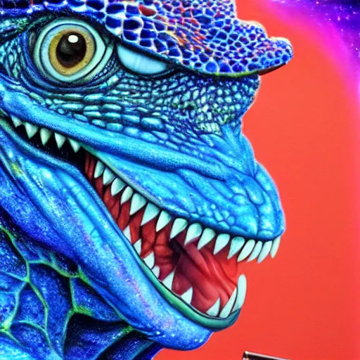 Image similar to president donald j clinton trump as a smiling laughing bright blue lizard person, airbrush painting, hyper detailed, 8 k, photorealism, rule of thirds, glitter.