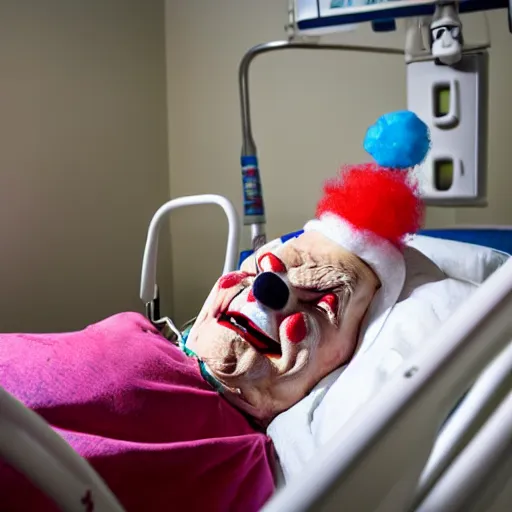 Image similar to crazy elderly clown supine in hospital bed, strapped into bed with restraints, trying to get out but unsuccessful, photograph, 8 k