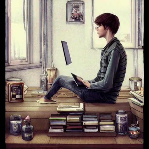 Prompt: a skinny computer nerd guy sitting on the floor of his room, crossed legs, laptop, smartphone, video games, tv, books, potions, jars, shelves, knick knacks, tranquil, calm, sparkles in the air, magic aesthetic, fantasy aesthetic, by stanely artgerm, tom bagshaw, arthur adams, cane griffiths, trending on deviantart, street art, face enhance, chillwave, maximalist