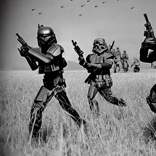 Image similar to star wars mandalorians combat soldiers in vietnam, photo, old picture, lush landscape, field, firearms, explosions, x - wings, aerial combat, active battle zone, fire, battle droids, jedi, land mines, gunfire, violent, star destroyers, star wars lasers, sci - fi, american soldiers, agent orange, bomber planes, trench warfare