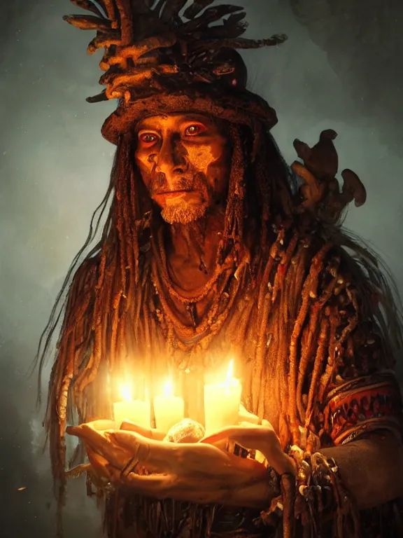Image similar to fine painting of a death shaman from an ancient culture with mushrooms growing from his body, candlelight, 8 k, ultra realistic, lens flare, atmosphere, glow, detailed, intricate, full of colour, cinematic lighting, trending on artstation, 4 k, hyperrealistic, focused, extreme details, unreal engine 5, cinematic, masterpiece