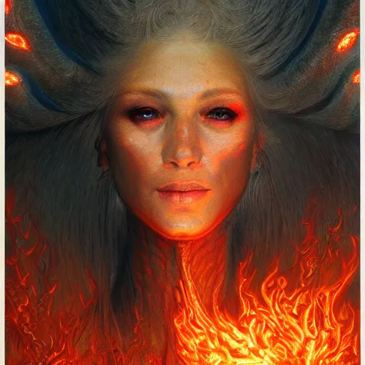 Image similar to A stunning portrait of a goddess, her body made of flames, by Wayne Barlowe, 8K UHD, intricate, fantasy, Trending on artstation.