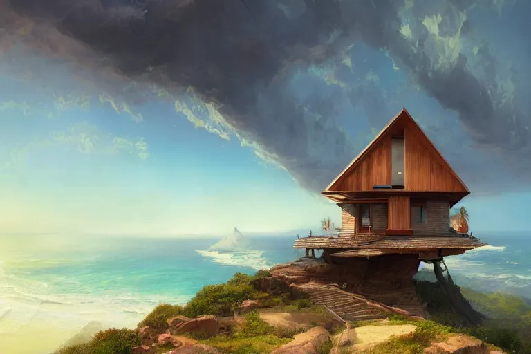 Image similar to lovely a - frame home sits atop a broad cliff, overlooking the entirety of the blue sky, digital painting by greg rutkowski and gaston bussiere, zbrush, cgsociety contest winner, comprehensive art, intricate, landscape photography, brightly radiant atmosphere, overcast sky, homogeneous to hawaii, 4 k, 8 k