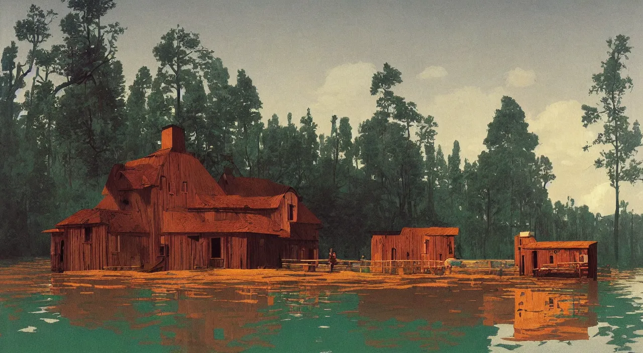 Prompt: single! flooded simple wooden ancient outpost, very coherent and colorful high contrast!! masterpiece by rene magritte simon stalenhag carl spitzweg syd mead norman rockwell edward hopper james gilleard, minimalist, dark shadows, sunny day, hard lighting