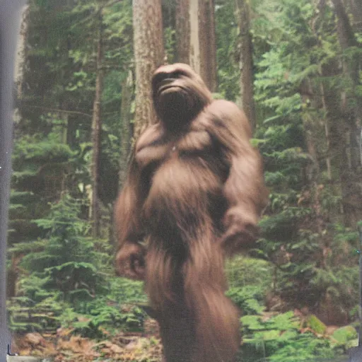 Image similar to a polaroid photo capturing bigfoot in the forest