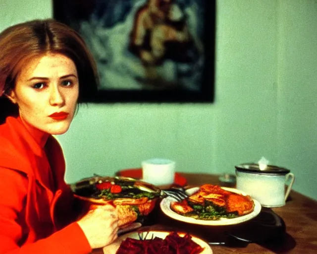 Image similar to 1 9 7 9 a soviet movie still a russian woman sitting at a table with a plate of food in dark warm light, a character portrait by nadya rusheva, featured on cg society, neo - fauvism, movie still, 8 k, fauvism, cinestill, bokeh, zenit 3 5 mm slr