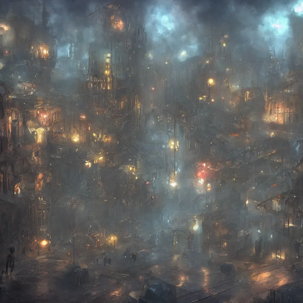 Image similar to steam punk city under attack, concept art, magic, light rain