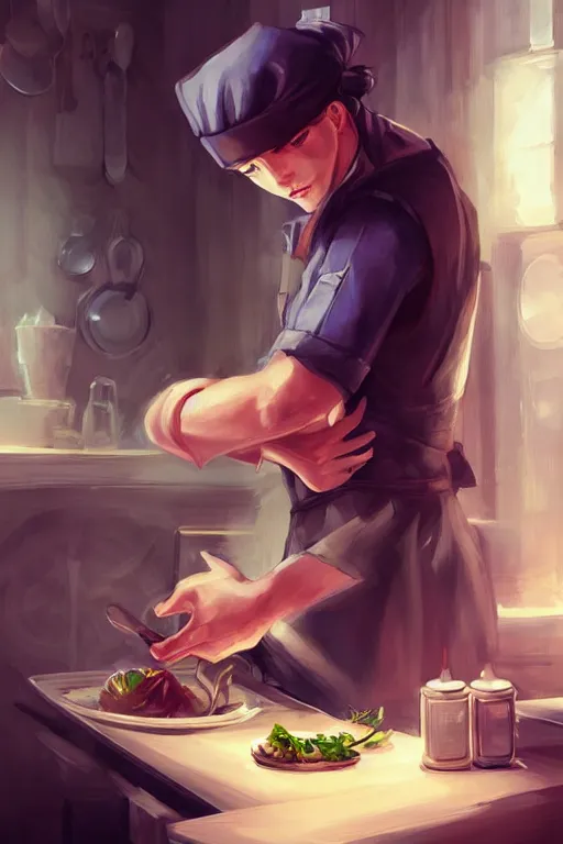 Prompt: a highly detailed portrait of a male french chef, kitchen in the background, by ross tran rossdraws aquasixio deviantart photoshop behance artstation, illustration, fantasy, cinematic, rule of thirds,