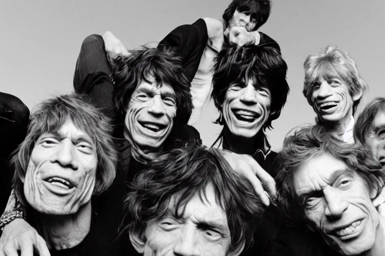 Prompt: the rolling stones, rolling stones down a hill