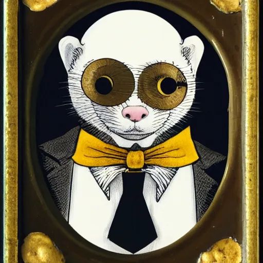 Prompt: a portrait of a jaunty gentleman ferret wearing a monocle by edward gorey