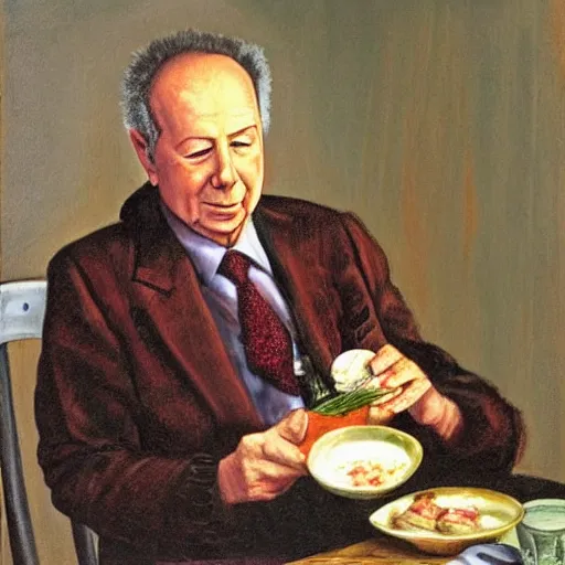 Prompt: yitzhak rabin eating borscht by yitzhak rabin by angelico, fra