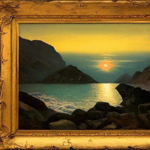 Image similar to mountains in the foreground, sea in the background at dawn, painting